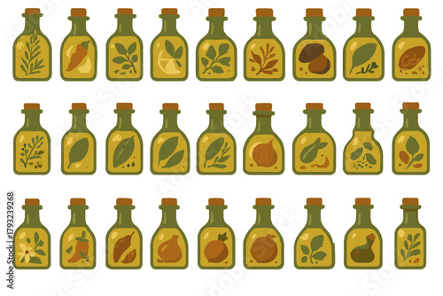 Seamless pattern of infused olive oil bottles with herbs and spices