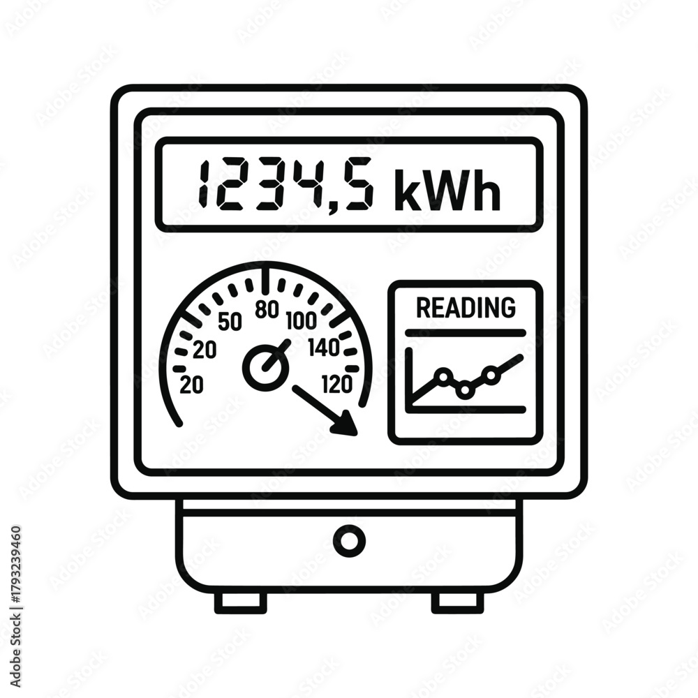 Fototapeta premium Line art illustration of an electricity meter with digital display and analog dial