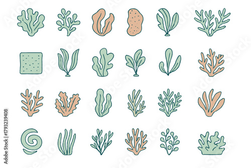 Seamless pattern with hand-drawn seaweed and coral icons