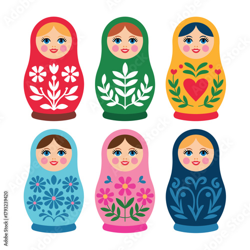 Six colorful Matryoshka dolls are arranged in two rows against a white background.
