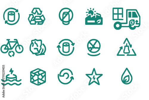 Eco-friendly recycling and sustainability icons on green gradient background