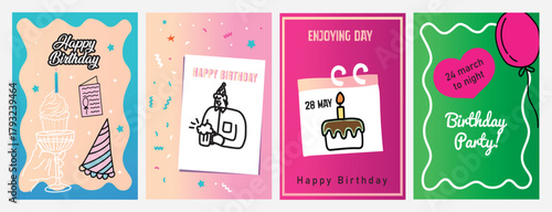 Creative Birthday Card and Poster Set with Cupcake, Cake, Balloon, and Party Hat. Fun Hand-Drawn Vector Illustrations for Celebration Invitations and Greeting Designs