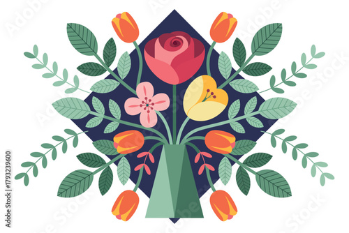 A colorful bouquet of flowers is arranged in a vase on a dark blue background.