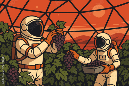 Astronauts Harvesting Grapes in a Martian Greenhouse