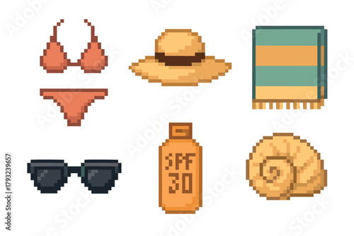 Pixel art beach essentials set featuring a bikini, sunglasses, sun hat, spf 30 sunscreen, striped towel, and seashell.