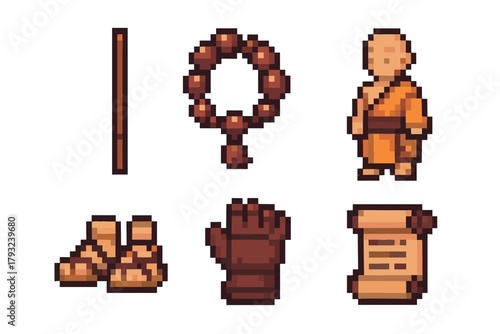 Pixel art monk character in a robe with accessories: staff, wooden and bead bracelets, boots, gloves, and a scroll, representing a retro game style.
