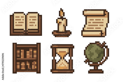 Pixel art icons of an open book, a lit candle, a scroll, a bookshelf, an hourglass, and a globe, depicting education and knowledge themes.