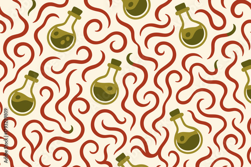 Seamless potion bottle pattern with red swirling shapes