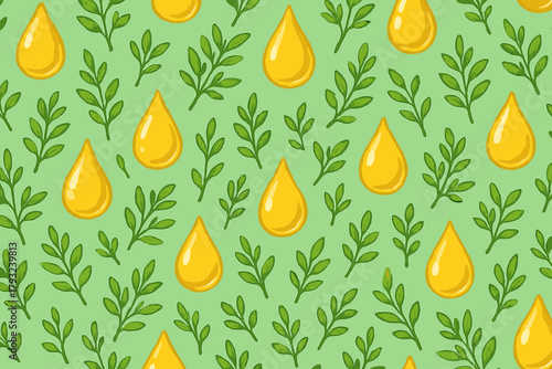 Seamless pattern with yellow oil drops and green herbal leaves
