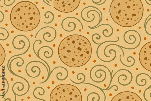Hand-drawn seamless pattern with roti and decorative swirls