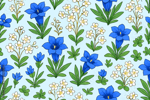 Meadow Charm – Hand-Drawn Seamless Pattern with Blue Gentians & White Blossoms