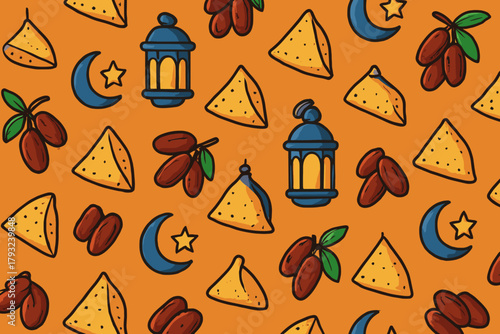 Hand-drawn Ramadan pattern with lanterns, dates, and samosas