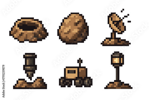 Pixel art icons depicting a collection of space exploration items including a crater, asteroid, satellite dish, drill, rover, and lamp on a white background.