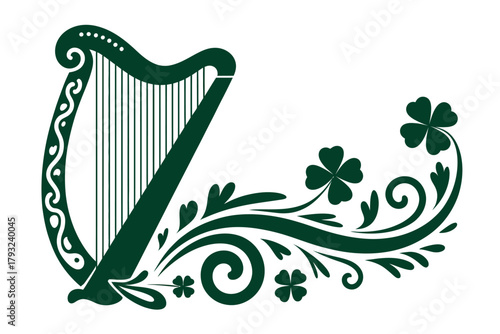 Green harp with shamrocks and decorative swirls represents Irish culture and music.
