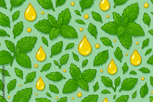 Mint leaves and oil drops seamless herbal pattern