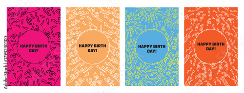 Minimalist Birthday Poster Set with Abstract Confetti Pattern and Bold Typography Design. Colorful Vector Templates for Greeting Cards, Invitations, and Party Decor.