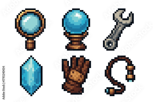 Set of six pixelated vintage-style video game items, including a magnifying glass, crystal ball, wrench, crystal, glove, and rope, all with a retro aesthetic.