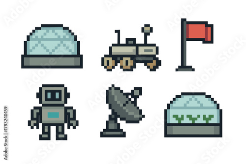 Pixel art collection featuring a space rover, red flag, robot, satellite dish, and greenhouses, representing elements of a space exploration theme.