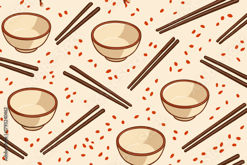 Seamless pattern of empty rice bowls, chopsticks, and scattered grains on beige background