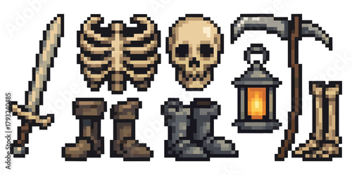 Pixel art depiction of medieval weaponry and armor, including a sword, skeleton parts, a scythe, lantern, and boots on a white background.