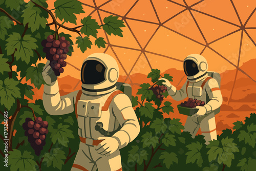 Grape Harvest in a Martian Greenhouse by Astronaut Farmers
