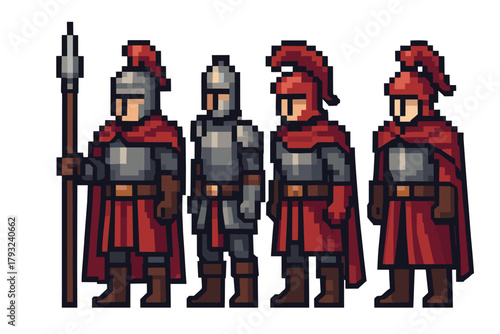 Pixel art style depiction of four medieval knights in red and gray armor, with helmets and capes, each carrying different weapons.