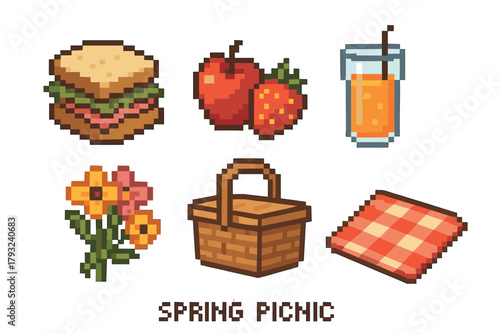 Pixel art depiction of a spring picnic featuring a sandwich, apples, strawberries, orange juice, a basket, flowers, and a checkered blanket.