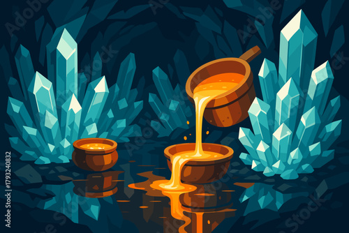 Crystalline Cavern with Golden Elixir Flowing into Wooden Bowls