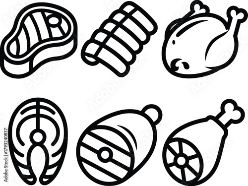 A collection of various raw meat products and a whole chicken.