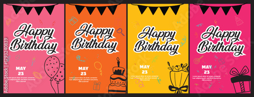 Modern Birthday Cards and Posters Set — Colorful Vector Illustrations with Balloons, Cake, Gifts, and Party Decorations