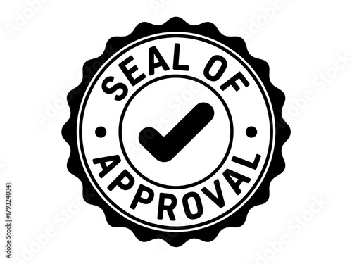 A black and white seal of approval with a checkmark is shown.