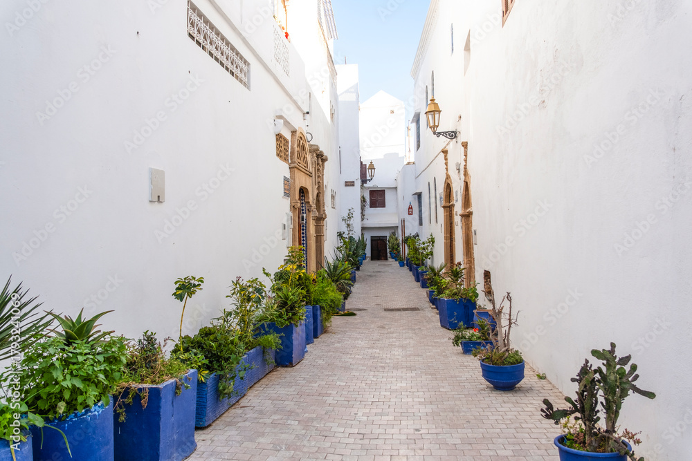 Fototapeta premium Rabat, Morocco – Traditional Narrow Street in the Medina with Whitewashed Walls and Wooden Doors