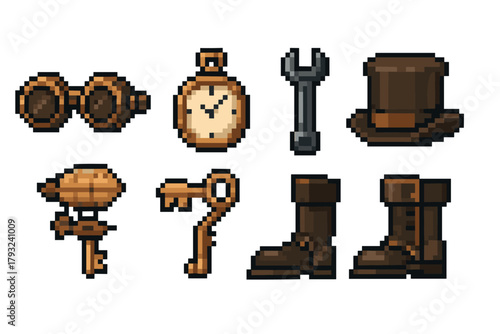 Eight pixel art icons featuring vintage steampunk objects including goggles, pocket watch, wrench, top hat, airship, robotic arm, and boots.
