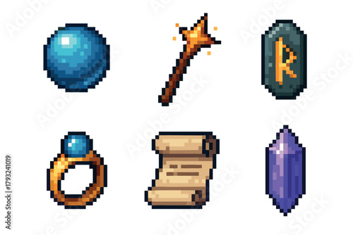 Pixel art icons depicting fantasy items including a glowing blue orb, magical staff, rune stone, ring with a gem, ancient scroll, and a purple crystal.