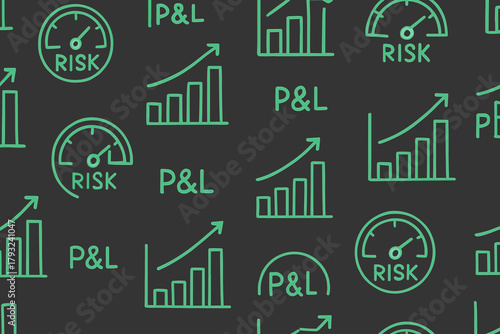 Pattern of risk meters, P&L text, and growth chart icons