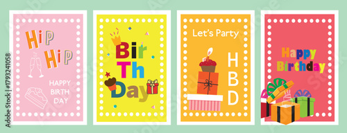 Playful Birthday Poster and Card Set with Colorful Typography, Gifts, and Cupcakes — Modern Vector Templates for Party Invitation and Celebration Design