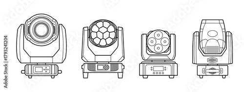 Detailed line-art illustration of four professional moving head stage lights. Clean technical outlines showcase different lighting fixtures used in concerts, events, and studio production.