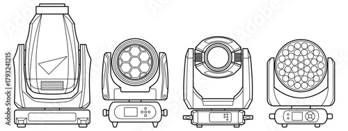 Detailed line-art illustration of four professional moving head stage lights. Clean technical outlines showcase different lighting fixtures used in concerts, events, and studio production.