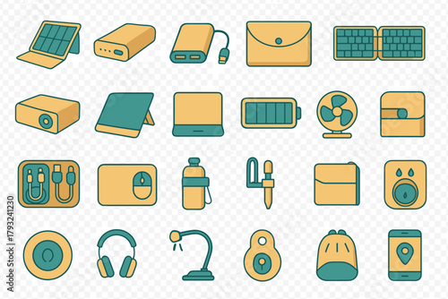 Portable travel tech and gadget essentials icon set