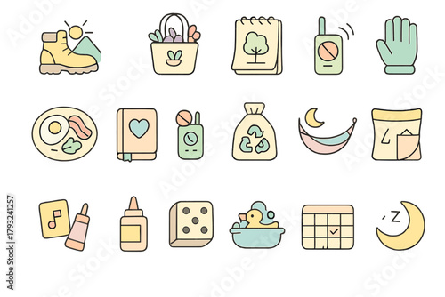Calm routine and wellness activity icon set