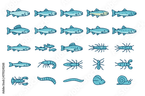 Freshwater fish and aquatic macroinvertebrates icon set on dark gradient background