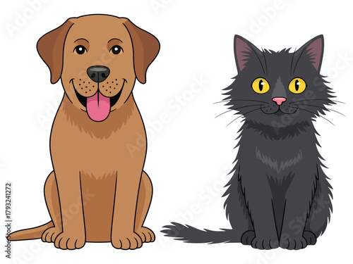 A smiling brown dog and a black cat sitting side-by-side.