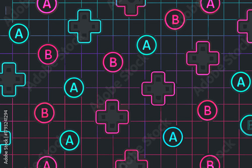 Neon seamless pattern with gamepad D-pads and A B buttons