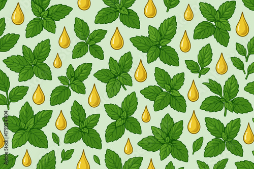 Seamless pattern of mint leaves and essential oil drops