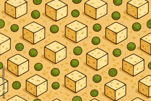 Cartoon seamless pattern of tofu cubes and green peas
