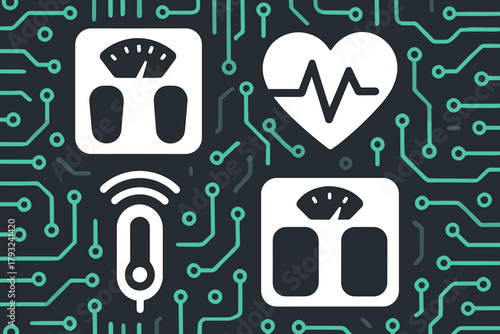 Digital health tech icons with circuit board pattern on dark background