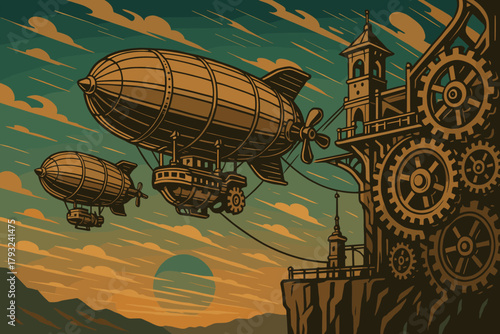 Steampunk airships departing from gear-driven cliff station at sunset