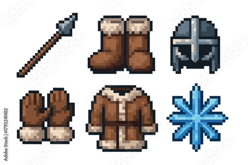 Pixel art icons of medieval winter equipment, including a spear, fur boots, metal helmet, gloves, fur coat, and a blue snowflake symbol.