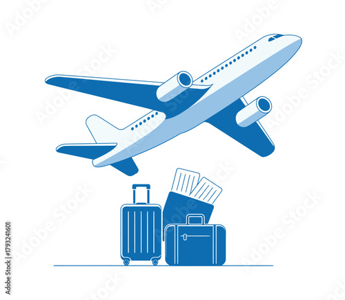 A commercial airplane takes off with luggage and tickets symbolizing travel.