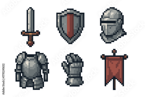 Pixel art icons featuring medieval armor and weaponry including a sword, shield, helmet, chest armor, gauntlet, and banner.
